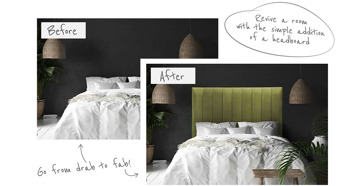 Before and after of a bedroom with and without an olive coloured headboard